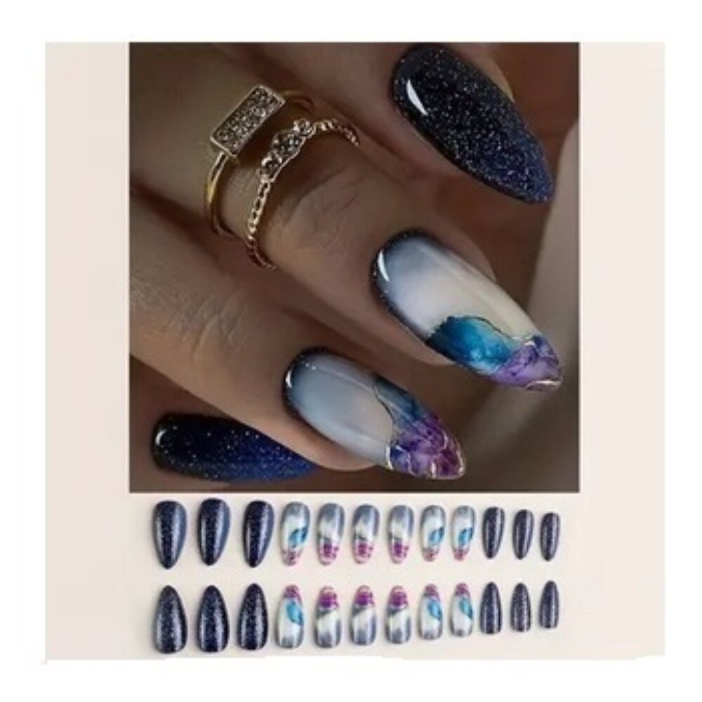 NWT Press On Nails Fall Purple Blue Black Gold Silver Fake False Nails